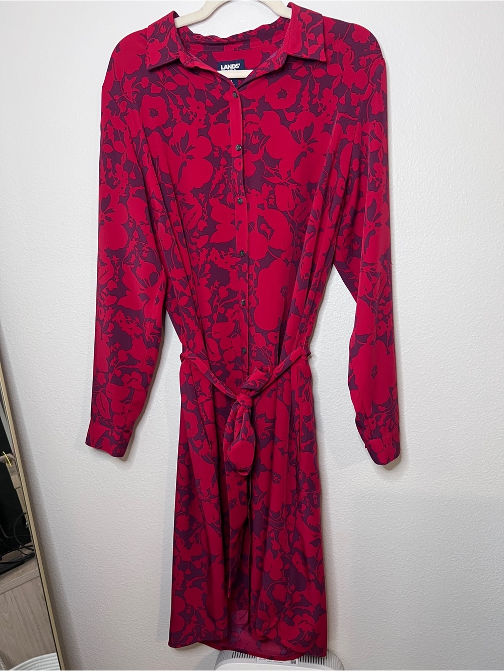 Lands' End Raspberry Red Floral Long-Sleeve Shirt Dress